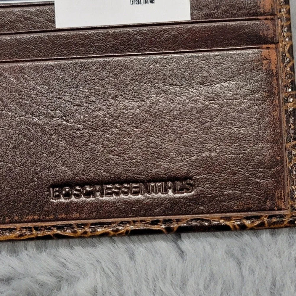 Bosca Wallet Mens Brown Leather Bifold Croc Embossed Credit Card Essentials